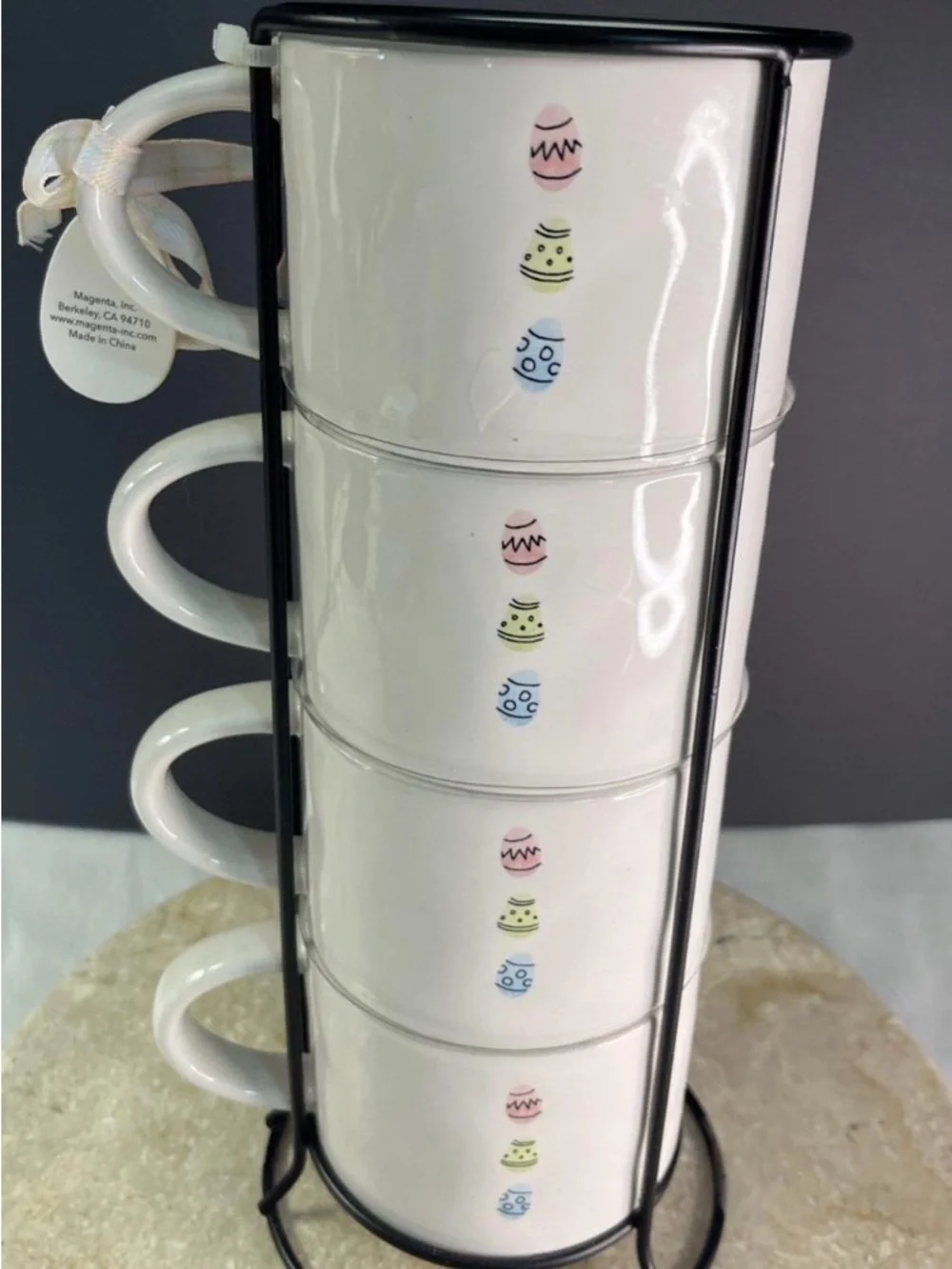 Rae Dunn White Ceramic Stackable Mug Set with Black Rack